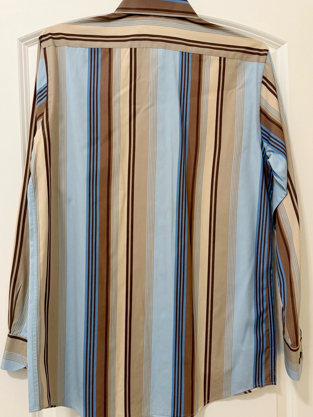 Express Men’s Dress Shirt Small S Blue Tan Brown Striped Button Up Long Sleeve - Picture 2 of 10